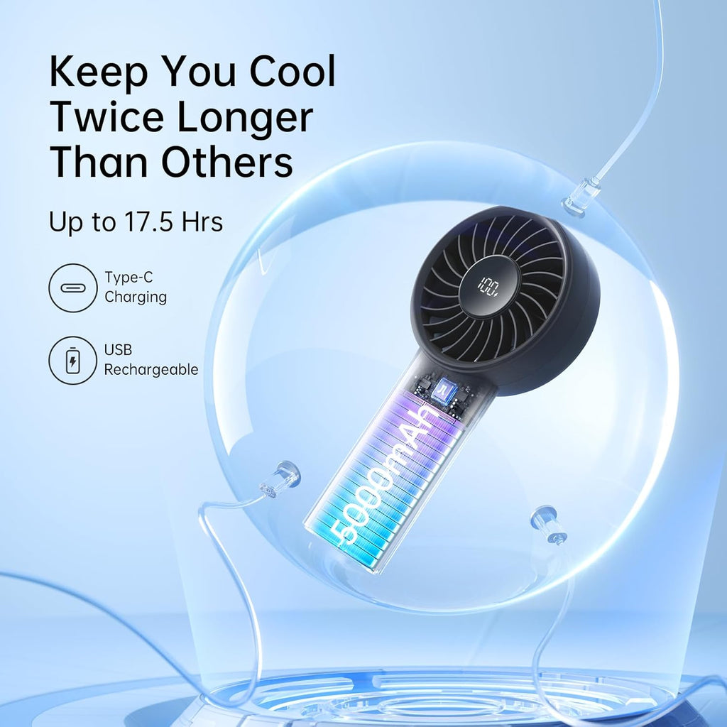 JISULIFE Handheld Fan Life4, 5000mAh Portable Rechargeable Fan, 5-Speed Turbo Wind, 15 Hrs Cooling, LED Display, Gifts for Men/Women, Essential for Travel,Beach,Vacation,Makeup,Concerts,Cruise-Black