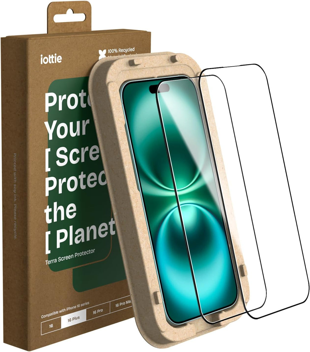iOttie Terra iPhone 16 Plus Tempered Glass Screen Protector Military Grade 9H Hardness Shatterproof Scratch Resistant, Edge to Edge Protection Easy Bubble Free Install, 2 Pack