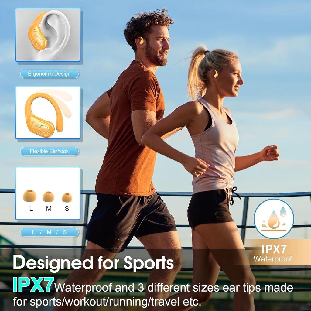 Wireless Earbuds 75hrs Bluetooth 5.4 Headphone Sport, 2025 Bluetooth Earbuds Stereo Deep Bass Over Ear Bud with Earhooks, ENC Noise Cancelling Mic, IPX7 Waterproof Earphone, Yellow