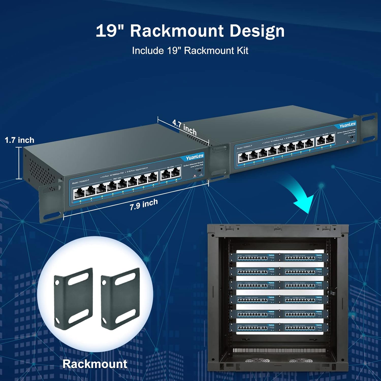 YuanLey 8 Port PoE Switch with 2 Gigabit Uplink, 8 PoE+ Port 100Mbps, 120W 802.3af/at, Extend Function, Metal, Fanless, Unmanaged Plug and Play Network Switch