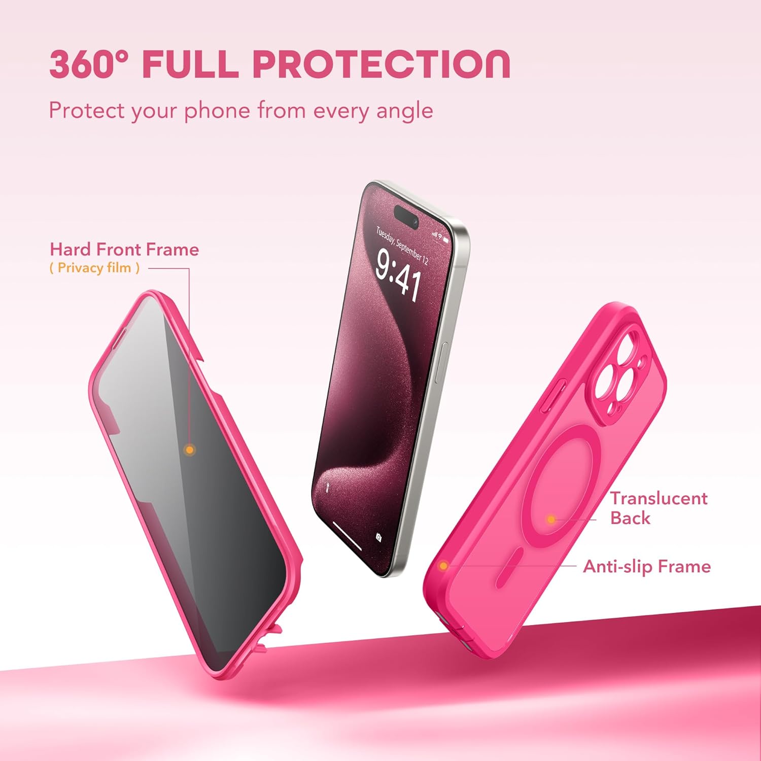 Magnetic for iPhone 15 Pro Case, Compatible with MagSafe, Built-in Privacy Screen Protector and Camera Protection, Anti Spy Full Body Dustproof Shockproof Hard Phone Case 6.1", Hot Pink