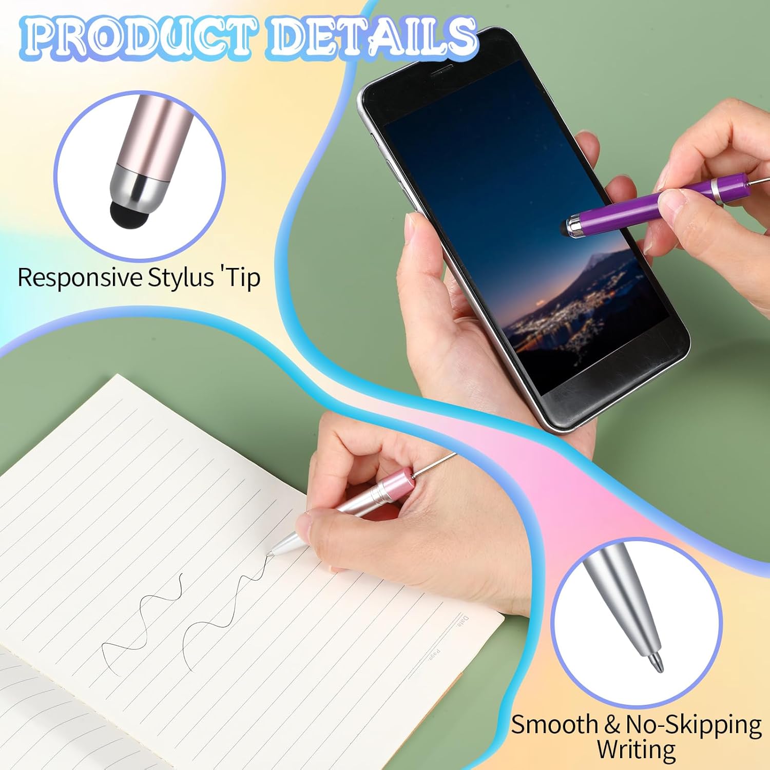 Qilery 30 Pcs Beaded Pens with Stylus Tips Plastic Beaded DIY Stylus 2-in-1 for Rubber Touch Screen Handwriting Ballpoint Pen 1.0mm, Black Ink, Office Supplies(Rainbow)