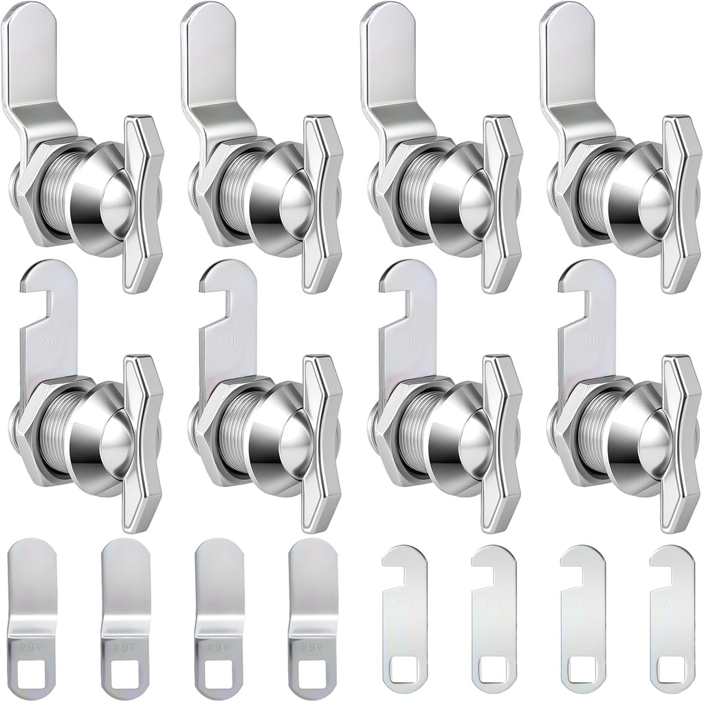 Thumb Operated Offset Cam Locks, 3/8", 5/8", 7/8" Keyless Cabinet Locks for RV Storage Doors, Camper Compartments, Mailbox Drawers, Zinc Alloy Rustproof Latch with Straight & Bent Locking Arms, 8-Set