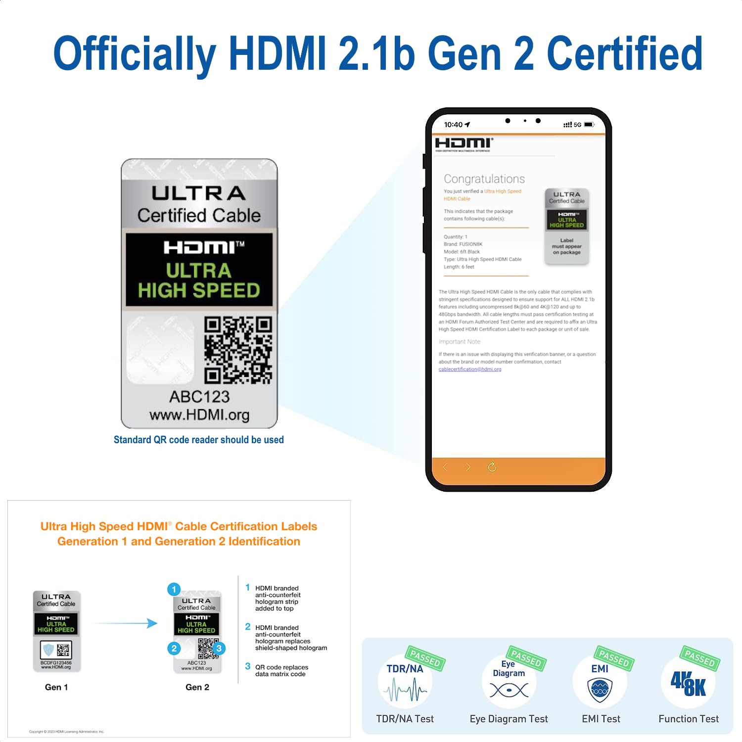 White HDR HDMI 2.1 Certified Cable Supports 10K 8K @60Hz and 4K @120Hz Compatible with Dolby Vision and All TVs, BluRay, Xbox Series X, PS5 (3 Feet)