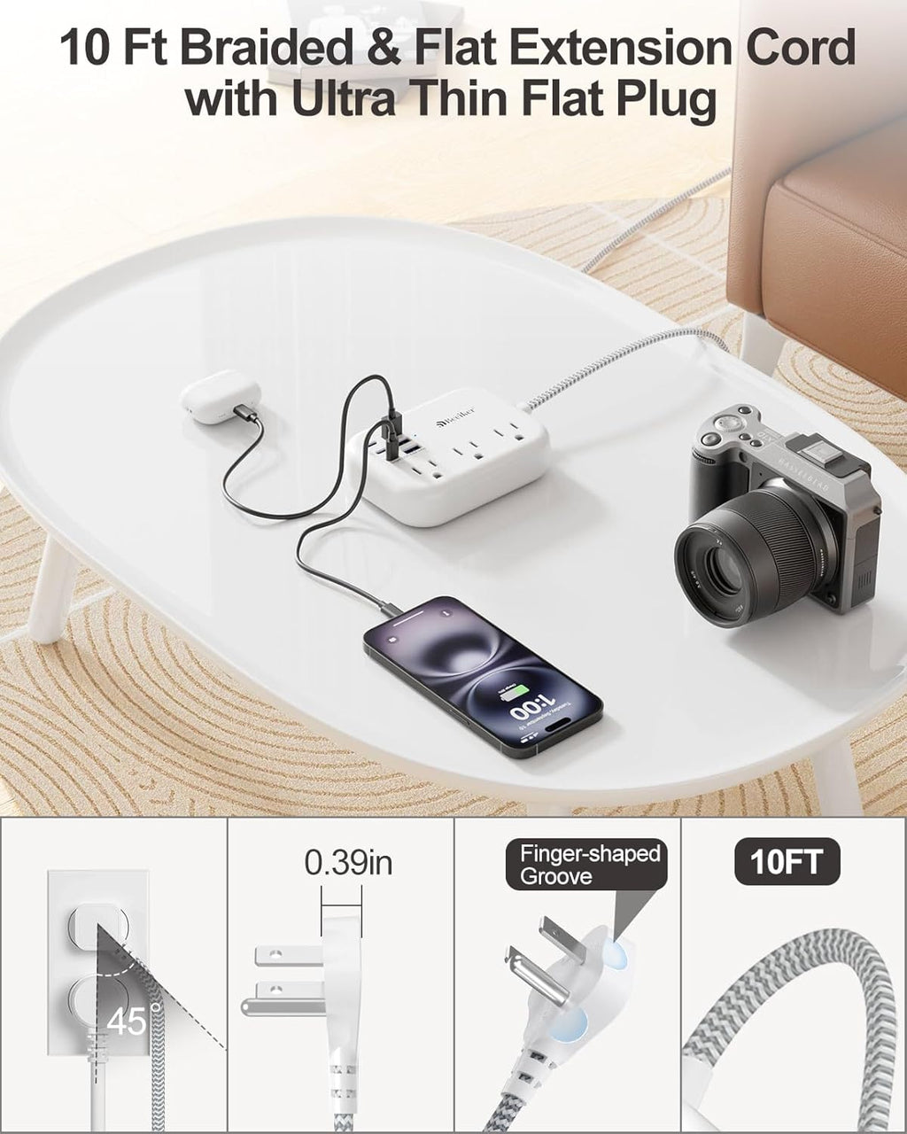 6 USB(3 USB C) Surge Protector Power Strip- Extension Cord 10 Ft with 24W USB Charging Station and 3 Outlets, Flat Plug Long Braided Extension Cord with Multiple Outlets for Home Office College Dorm