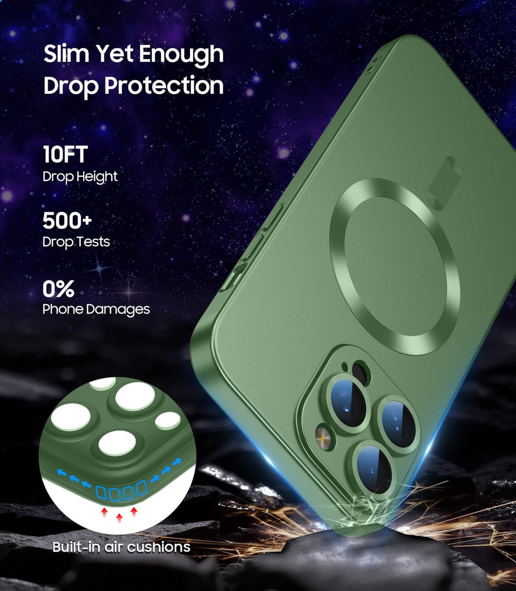 Magnetic for iPhone 15 Pro Case [Compatible with MagSafe][Built-in Camera Lens Protector] Slim Soft Silicone Bumper Shockproof Metallic Shine Phone Case (Green)