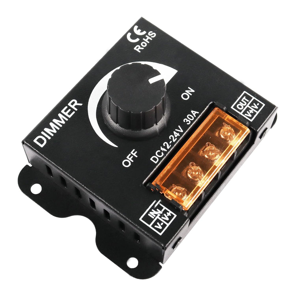 MEIRIYFA LED Light Strip Dimmer,DC 12V-24V 30A LED Light Strip Dimmer PWM Dimming Controller with ON/Off Switch Knob and Aluminum Case for 5050 3528 LED Strip Lights Adjust Brightness