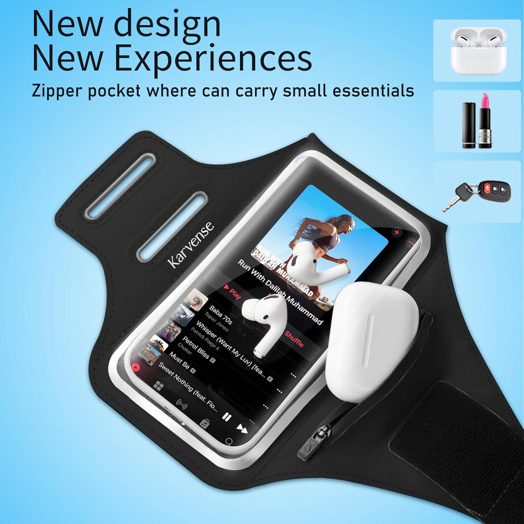 Phone Holder for Running w/Earphone Bag, Karvense Phone Arm Bands for Running&Gym& &Workout&Jogging, Cell Phone Armband for iPhone 16 Pro/16/16e/15 Pro/15/14 Pro/14/13 Pro, Samsung Galaxy, etc-6.3''