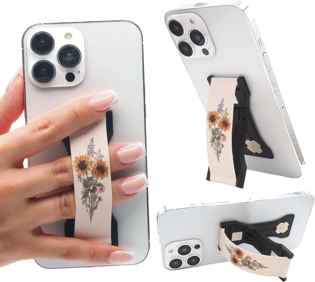 LOVEHANDLE PRO Premium Phone Grip - Silicone Phone Strap - Magnetic Phone Mount and Kickstand for Smartphone and Tablet - Sunflower Bouquet