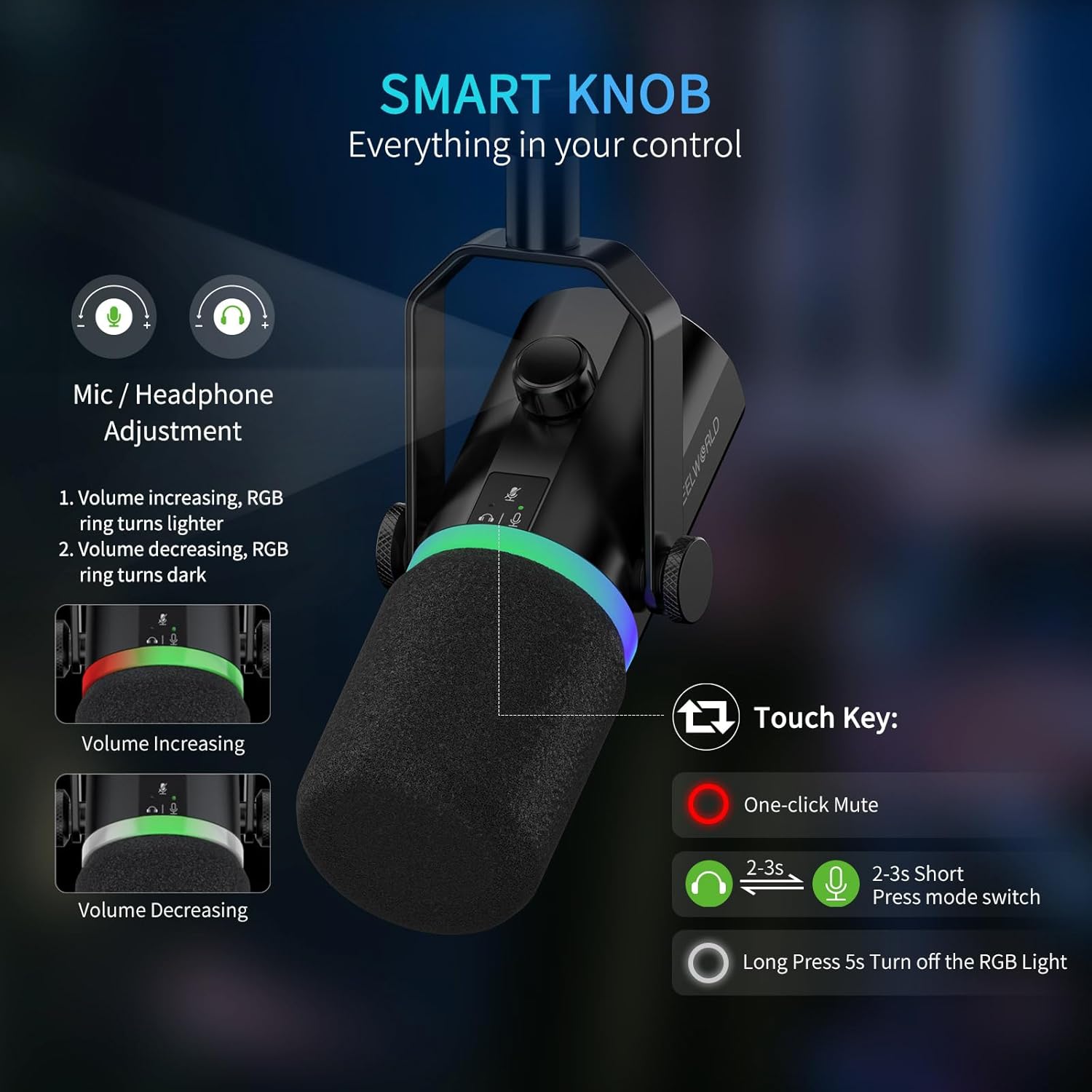 FEELWORLD PM1 XLR USB Dynamic Microphone Gifts for Podcast Recording PC Computer Gaming Live Streaming Vocal Voice-Over, Studio Metal Mic with Voice-Isolating, RGB Light, Mute Button, Headphones Jack