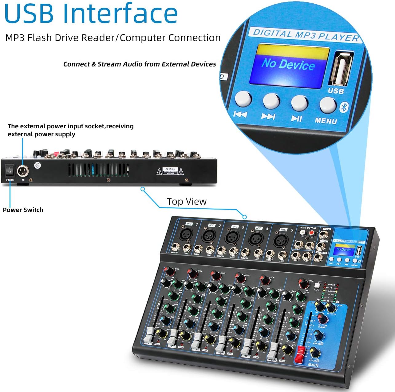 Depusheng HT7 Bluetooth Portable Audio Mixer w/USB DJ Sound Mixing Console MP3 Jack 48V Power for Computer Recording, 7-Channel Bands Mixing Boards For Studio Recording