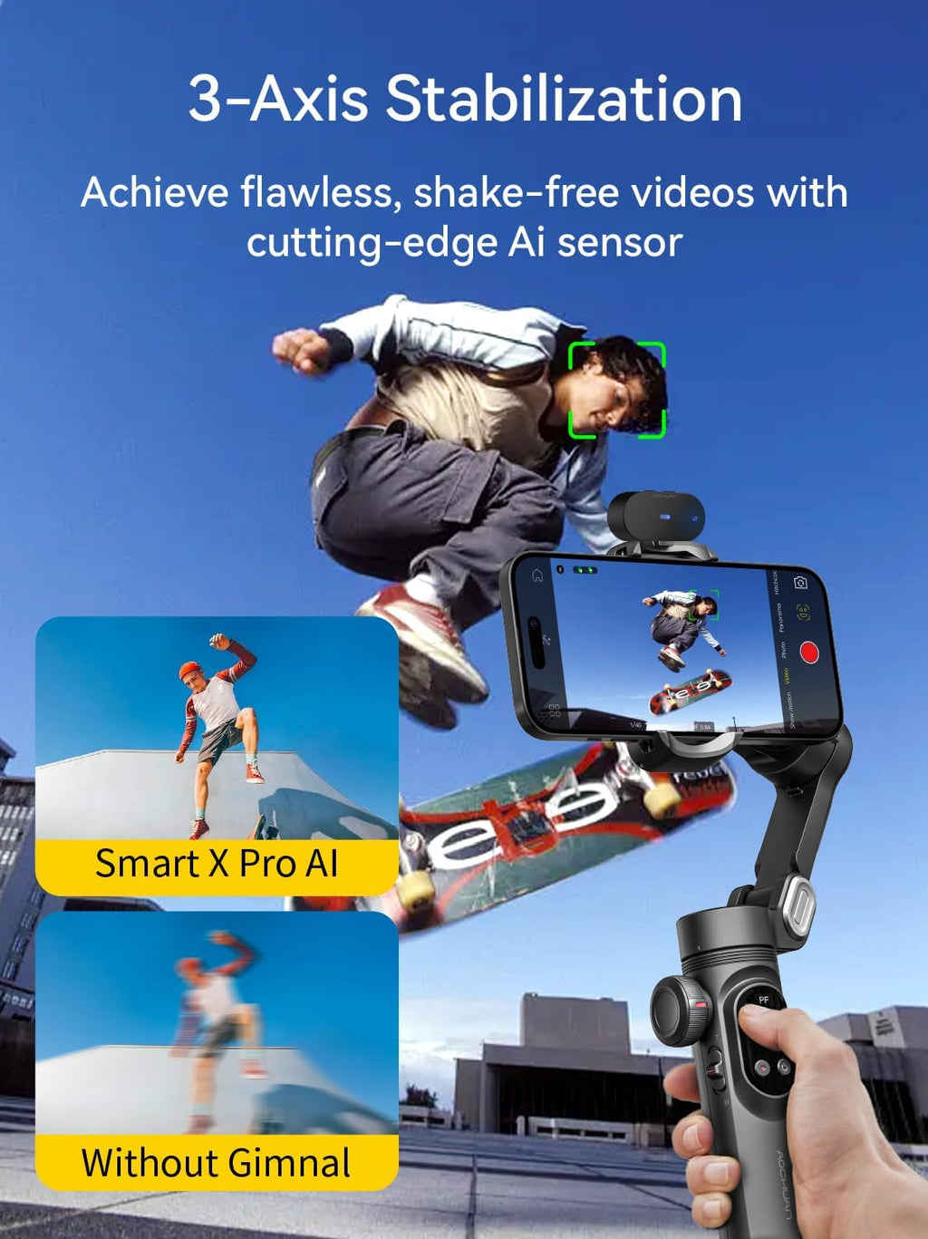 Gimbal Stabilizer for iPhone with AI Vision Sensor for Face Tracking, 3-Axis Phone Gimbal w/OLED Display for Vlog Recording, Compatible with iPhone/Android-Smart XPro AI Black