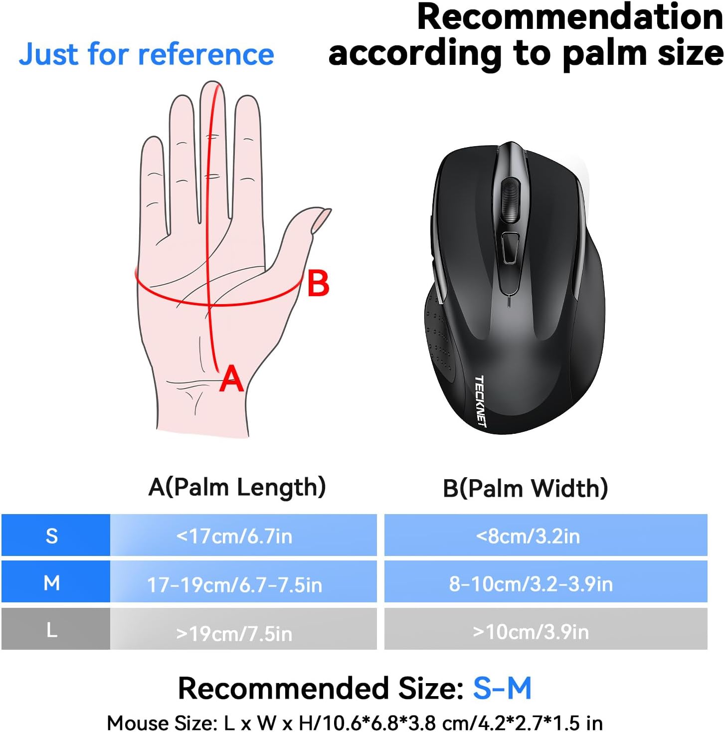 TECKNET Wireless Mouse (2.4G & BT5.0/3.0) Silent 4800 DPI Computer USB A & Bluetooth Mouse 6 Buttons, Wide Compatibility - Black