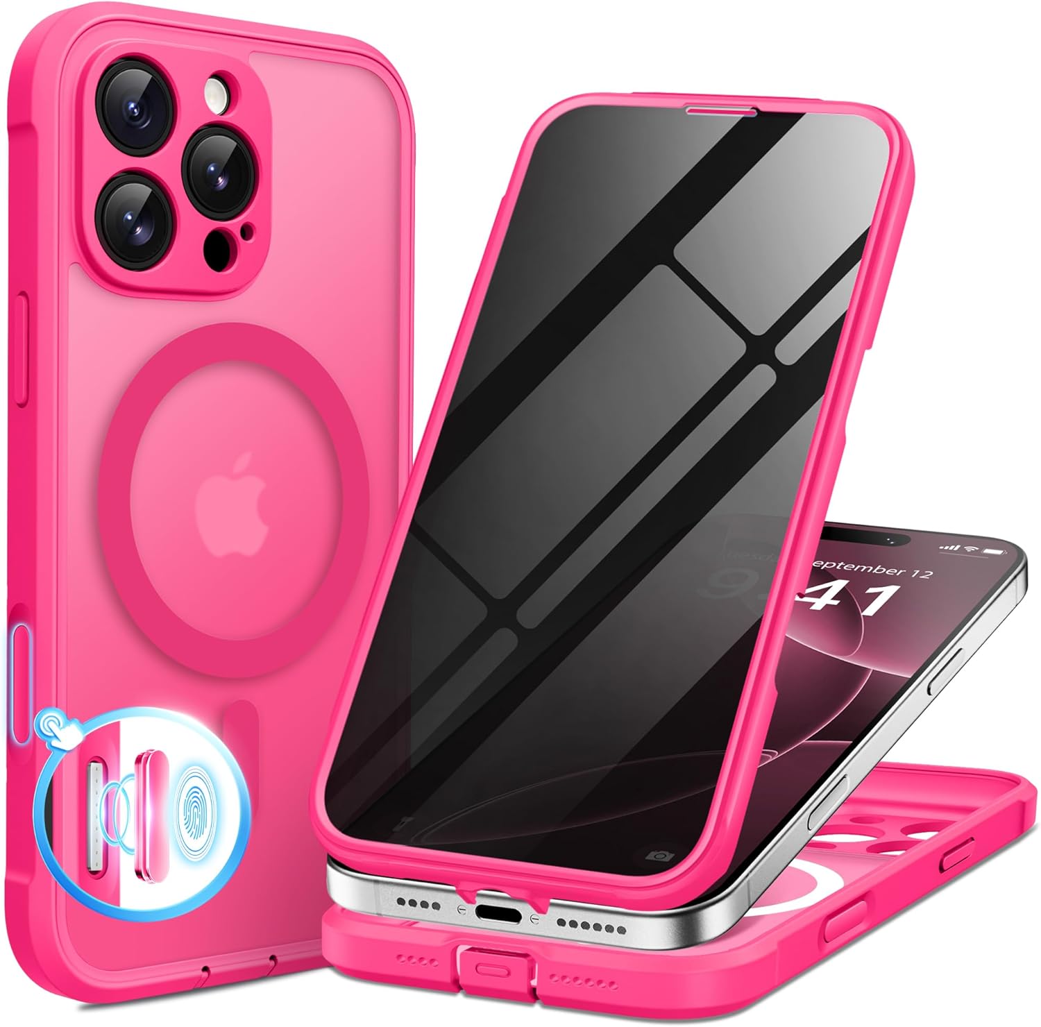 BERFY Magnetic for iPhone 16 Pro Case, Compatible with MagSafe, Built-in Privacy Screen Protector and Upgraded Camera Protection, Anti-Spy Full Body Shockproof Phone Case for 16 Pro 6.3", Hot Pink
