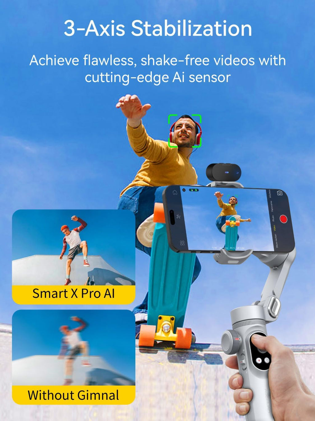 3-Axis Phone Gimbal, Gimbal Stabilizer for iPhone w/AI Vision Sensor, Portable for iPhone/Andriod, Phone Stabilizer Built in Fill Light Perfect for TikTok YouTube-Smart XPro AI Grey