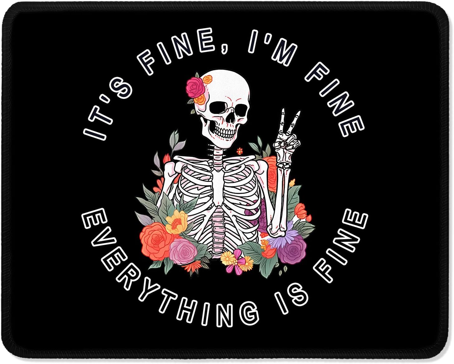 ITNRSIIET Mouse Pad with Stitched Edge Premium Textured Smooth Precise Operation Waterproof Washable Non-Slip Rubber Base Desktop Protection Mat, 10.2×8.3×0.12 inches, Flower Skull
