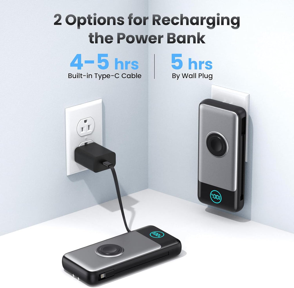 Portable Charger 26800mah for iPhone with Built-in Cables & AC Wall Plug,6-in-1 USB C Power Bank with iWatch Charger,25W PD Fast Charging Battery Pack for iPhone16/15/14/ 13/12,Android,Apple Watch etc