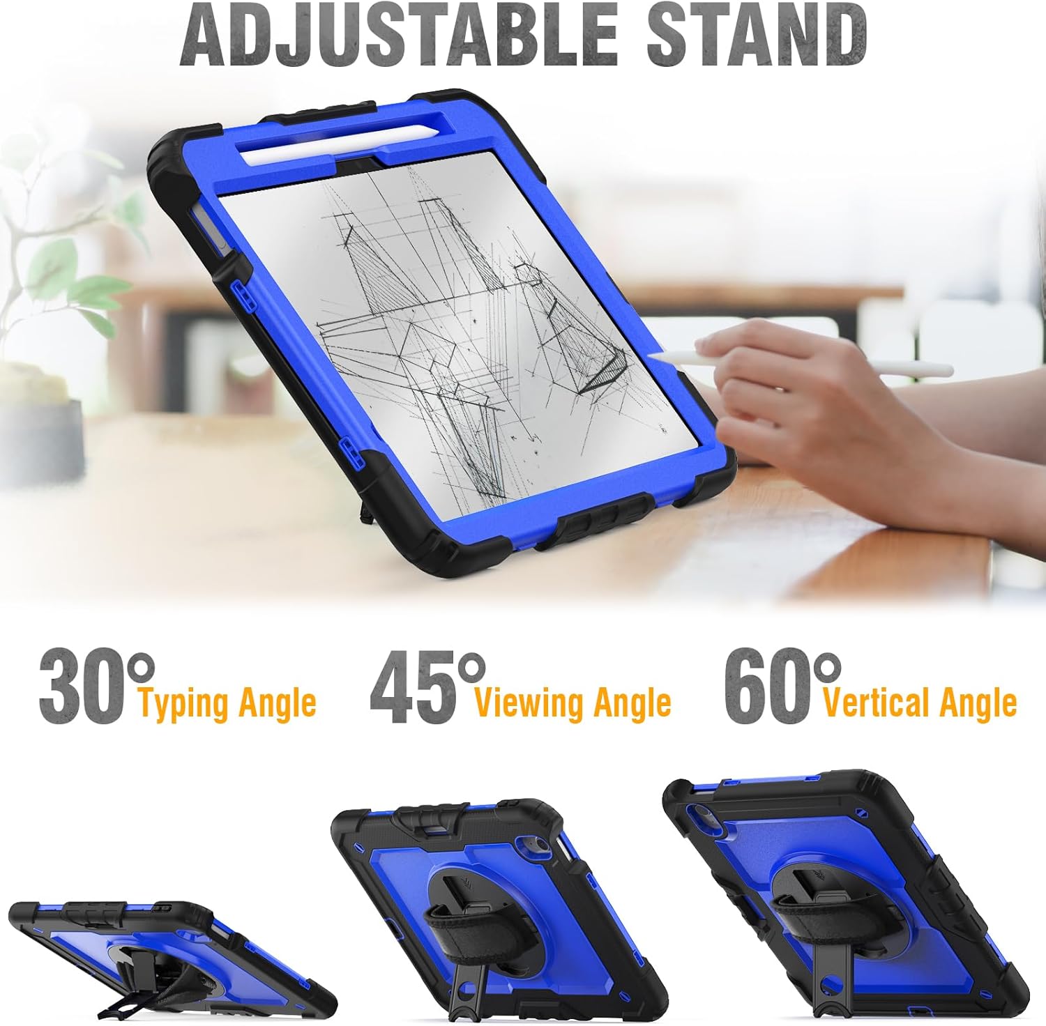 HXCASEAC Case for iPad Air 11 inch (2025 M3 / 2024 M2), Shockproof Design with Pencil Holder/Screen Protector/Rotating Hand Strap, Protective Cover for iPad Air 7th/6th Generation - Blue