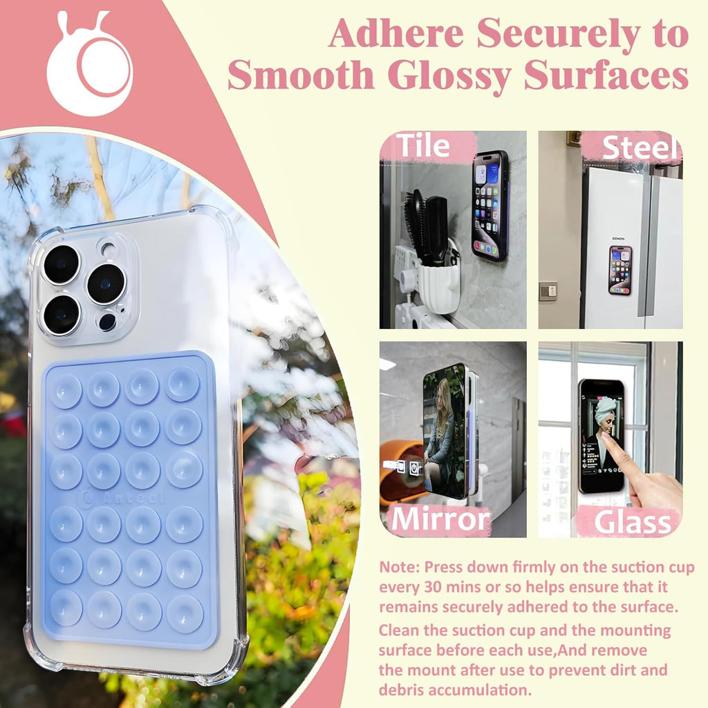 Anteel Medium-Sized Silicone Suction Phone Case Adhesive Mount, Enhanced Suction Power and Upgraded Thickened Sticky Phone Grip, Durable, Hands-Free Sticky Phone Holder, 2.28"x3.46" (Translucent)