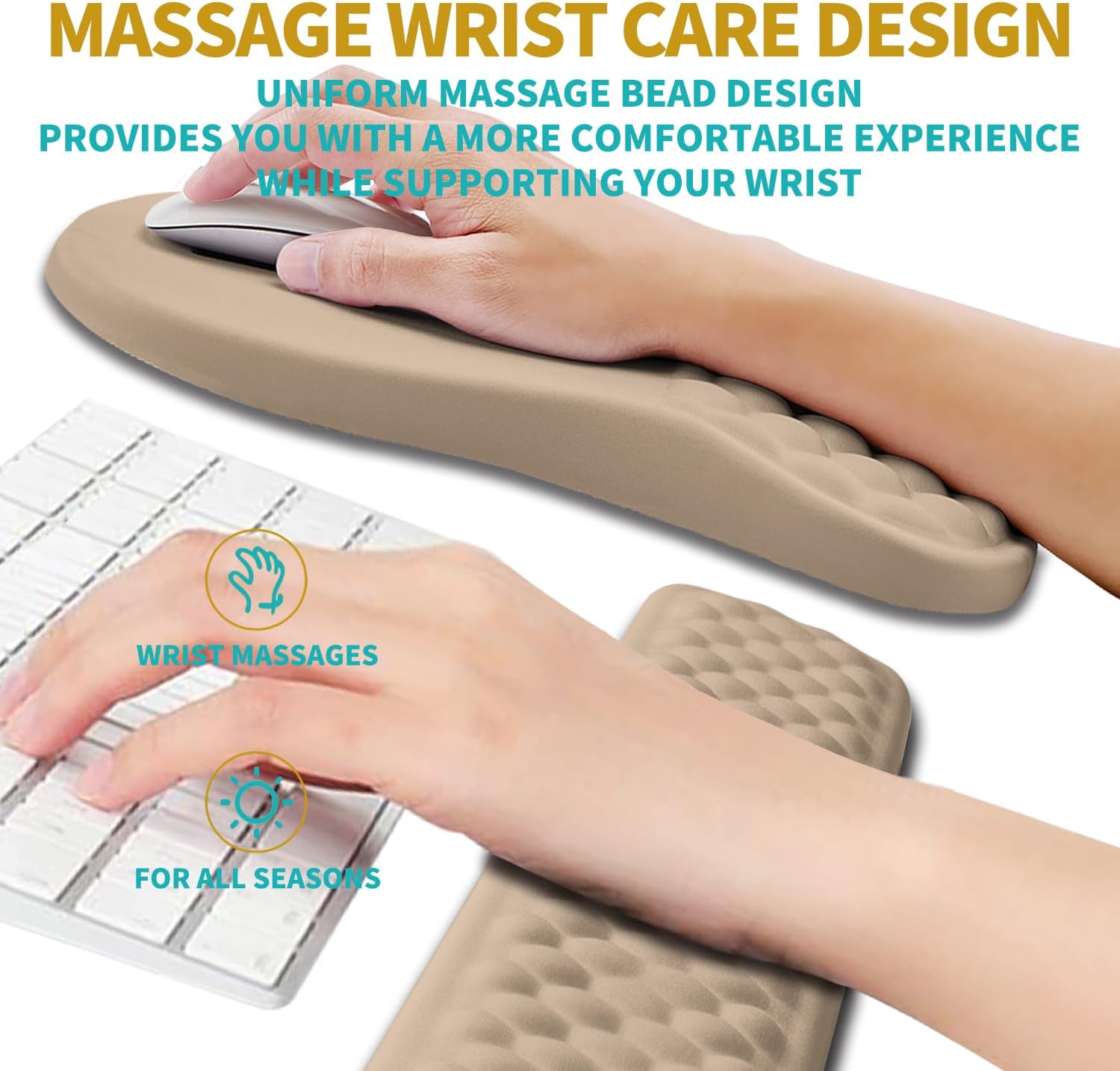 Hokafenle 2 in 1 Ergonomic Mouse Pad Wrist Support & Wrist Rest for Computer Keyboard Set, with Relieve Carpal Tunnel Pain Massage Bulge and Full Memory Gel Design (2In1 Set, Sand Color)