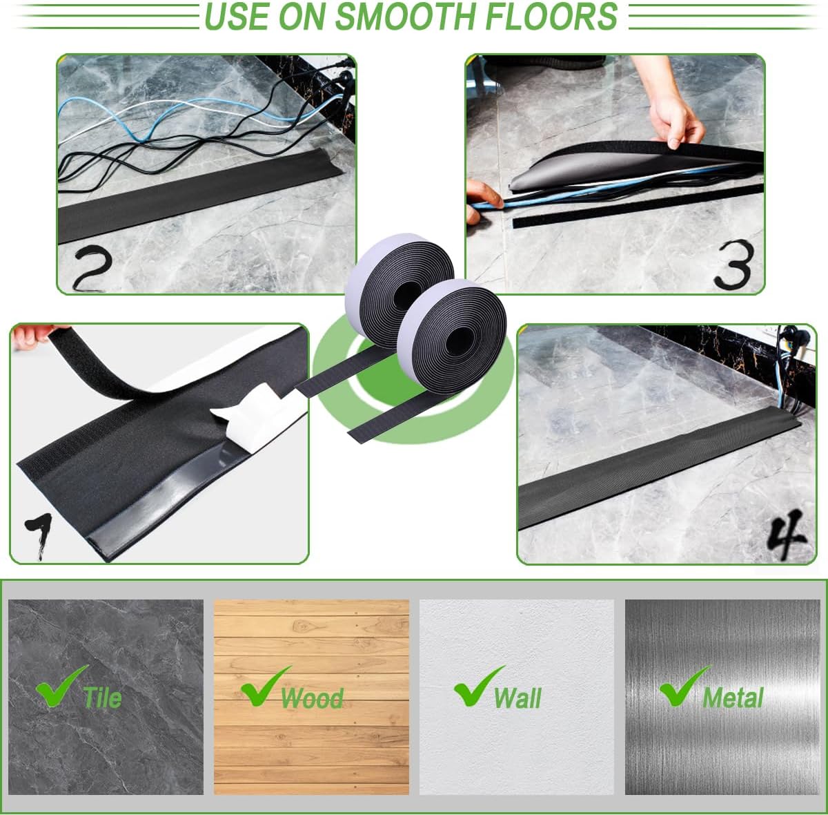 Floor Cable Covers - 10ft Oxford Fabric Cord Protector with Adhesive Hook & Loop,Waterproof Wire Storage Sleeve for Any Floor Surface,Durable Cable Management to Prevent Tripping Hazards (Black, 10ft)