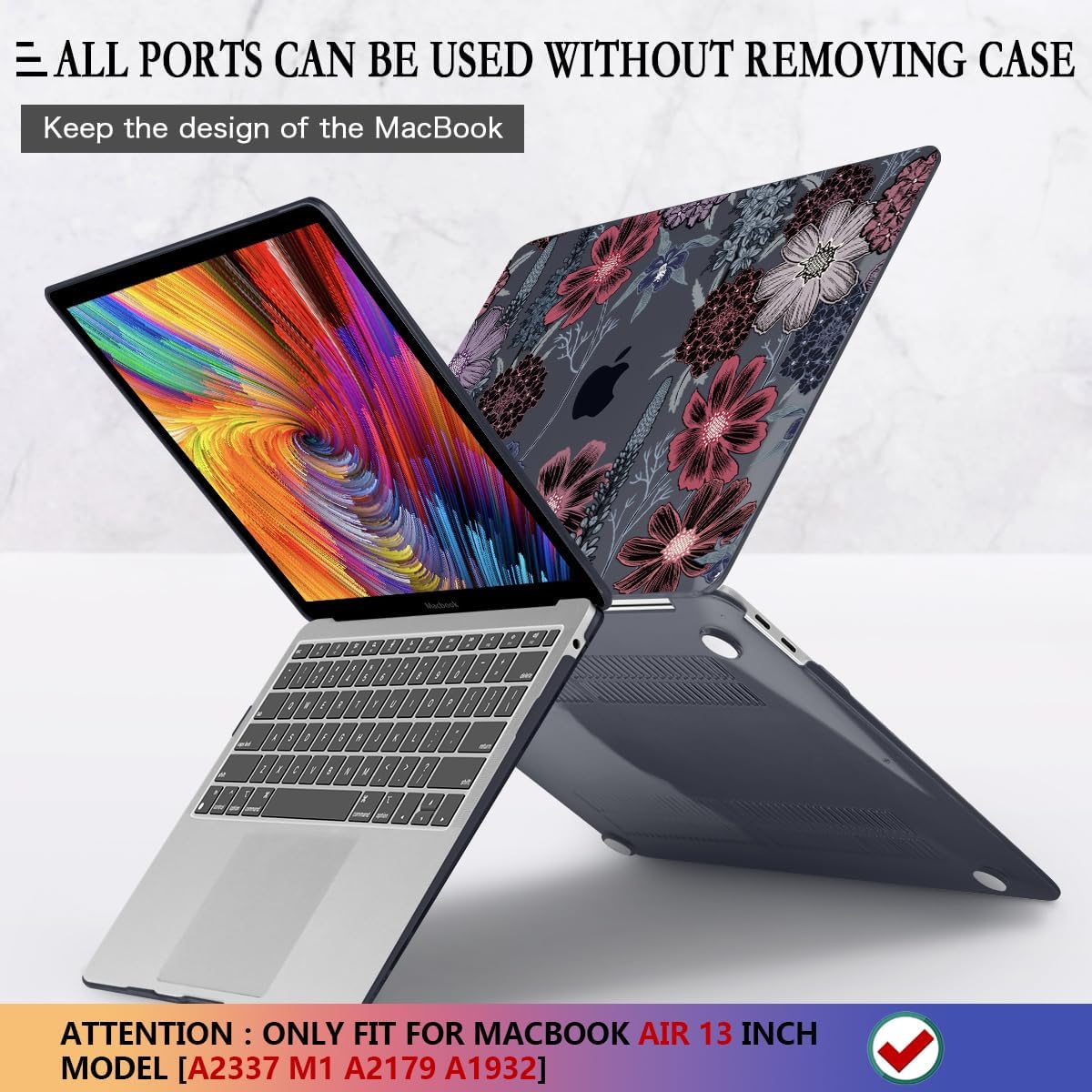 CISSOOK Case for MacBook Air 13 inch M1 Chip A2337 A2179 A1932 2021-2018 Release, Protective Black Shell with Keyboard Skin + Screen Protector for MacBook Air 13-inch with Touch ID, Texture Flowers