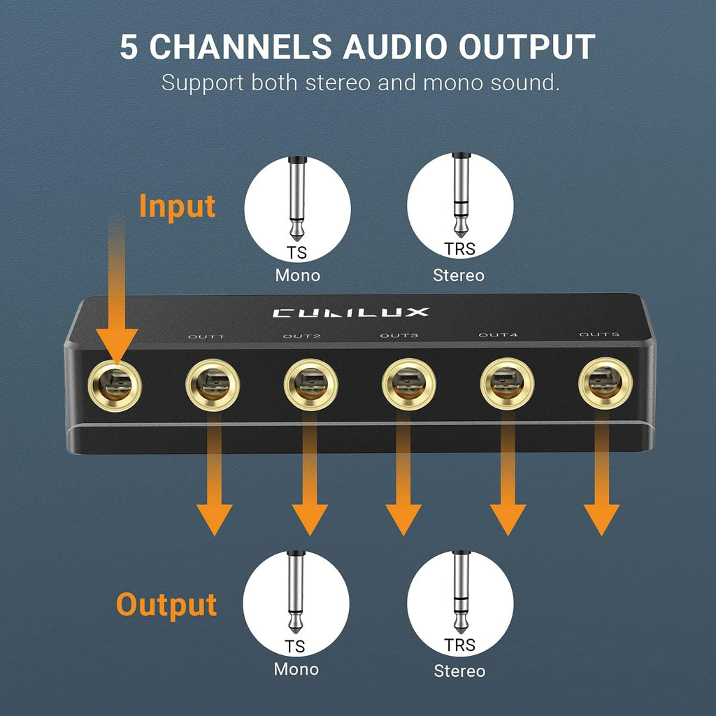 Cubilux Passive 6.35mm Headphones Splitter Box, 1/4” Stereo Multi Audio Distributor, Multiport Quarter Inch TRS TS Aux Splitter for Guitar Signal, Studio Recording, Live Performance, Monitors