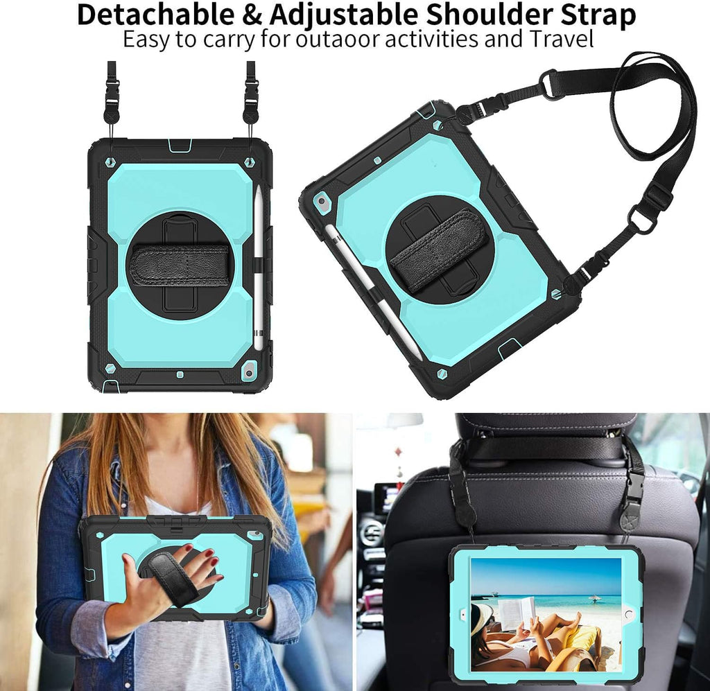 BLOSOMEET Case for iPad 9th/8th Generation 2021/2020 10.2 Inch with Tempered Glass Screen Protector & Pencil Holder,Rugged Kids iPad 7th Gen 10.2 Case 2019 Cover w/Stand Hand Shoulder Strap,SkyBlue