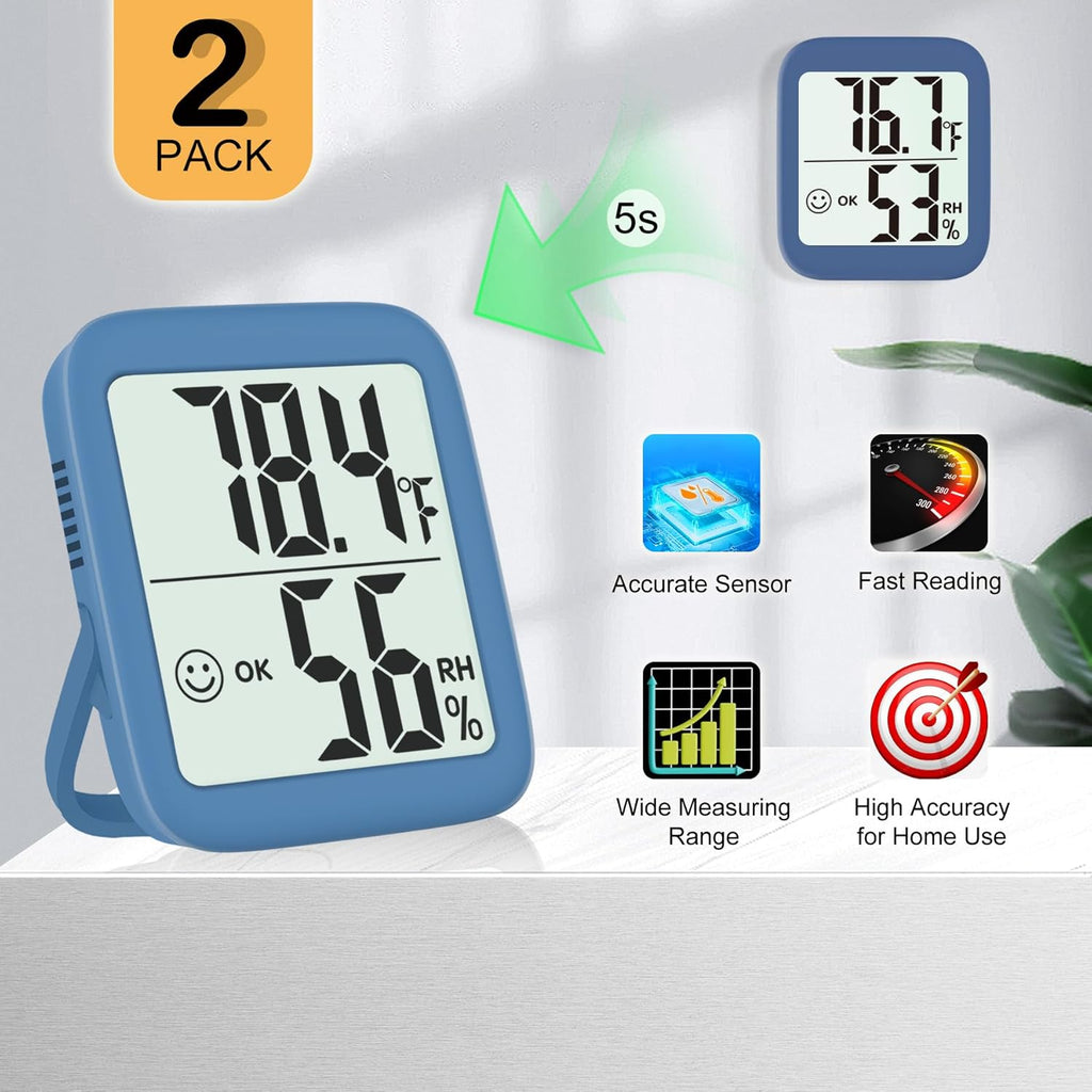 Antonki 2 Pack Room Thermometer for Home, Indoor Hygrometer Humidity Meter Gauge, Digital Temperature and Humidity Sensor Monitor for House, Terrarium, Incubator, Greenhouse - Battery Included