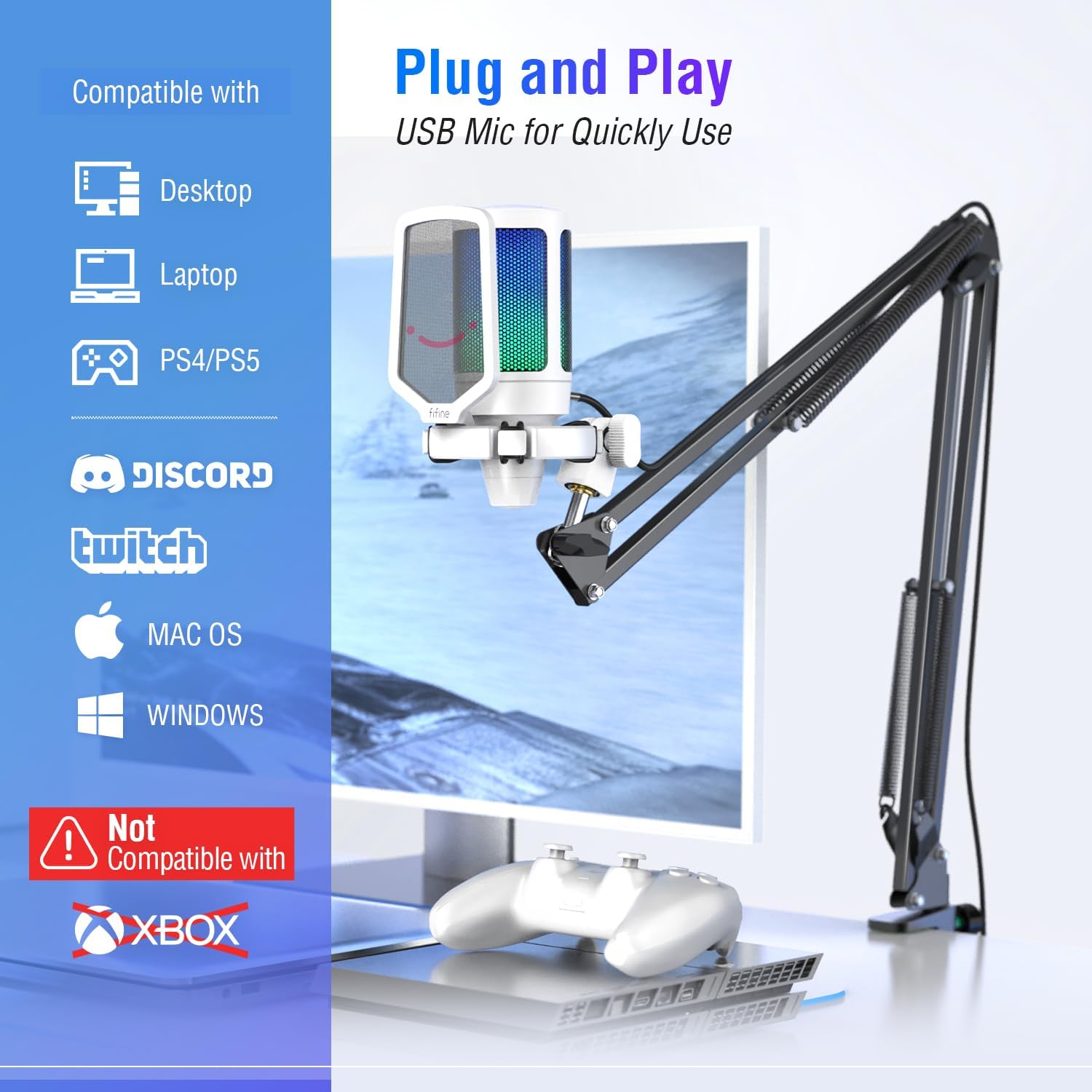 FIFINE Streaming Gaming USB Microphone Kit, PC Condenser RGB Mic Compatible with PS4/PS5, Plug and Play for Music Recording, Online Game, Discord, Twitch, with Pop Filter, Shock Mount-A6T White