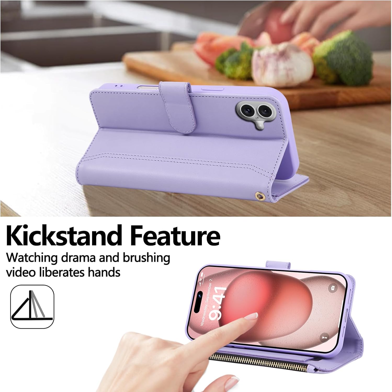 Compatible with iPhone 16 Wallet Phone Case-PU Leather Magnetic Flip Cover with Credit Card Slots,Zipper Pocket & Detachable Wrist Strap,Shockproof Design,for Women and Men-Purple