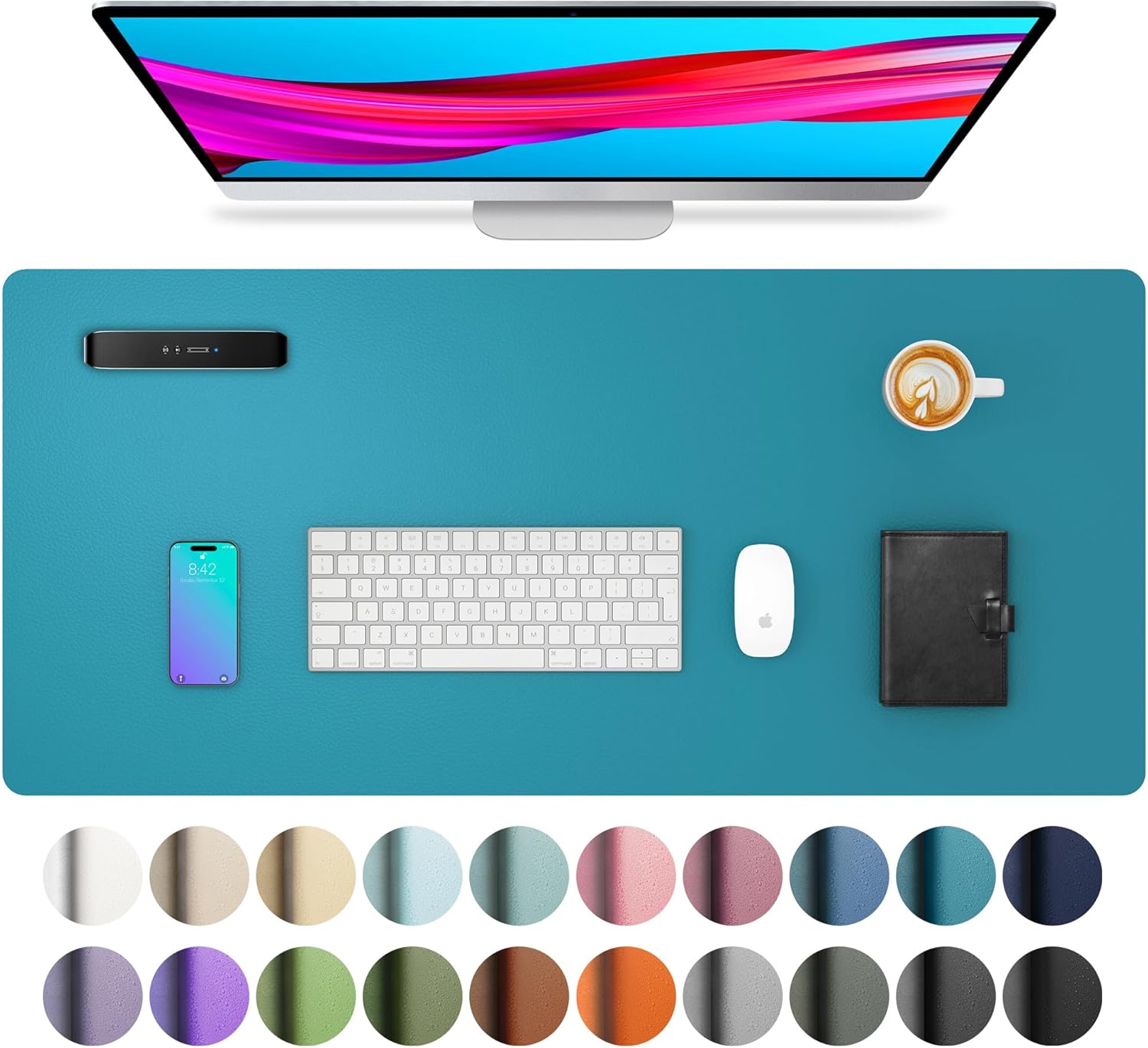 Aothia Leather Desk Pad Protector, Mouse Pad, Office Desk Mat, Non-Slip PU Leather Desk Blotter, Laptop Desk Pad, Waterproof Desk Writing Pad for Office and Home (Turquoise,23.6" x 13.7")