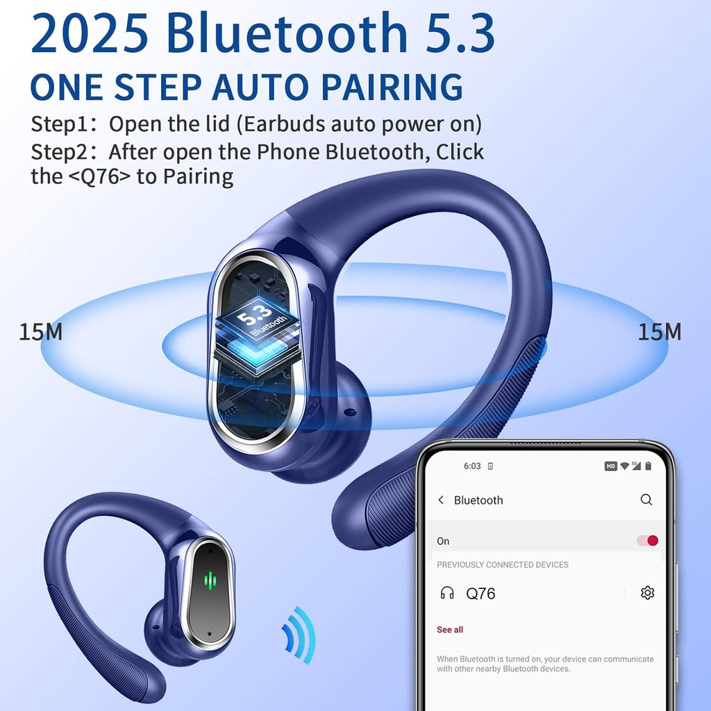 Wireless Earbuds, 2025 Bluetooth 5.4 Headphones Sport, Bluetooth Earbuds with ENC Noise Canceling Mic, 50H Stereo Wireless Headphones IP7 Waterproof with Earhooks, Dual LED Display for Workout/Running