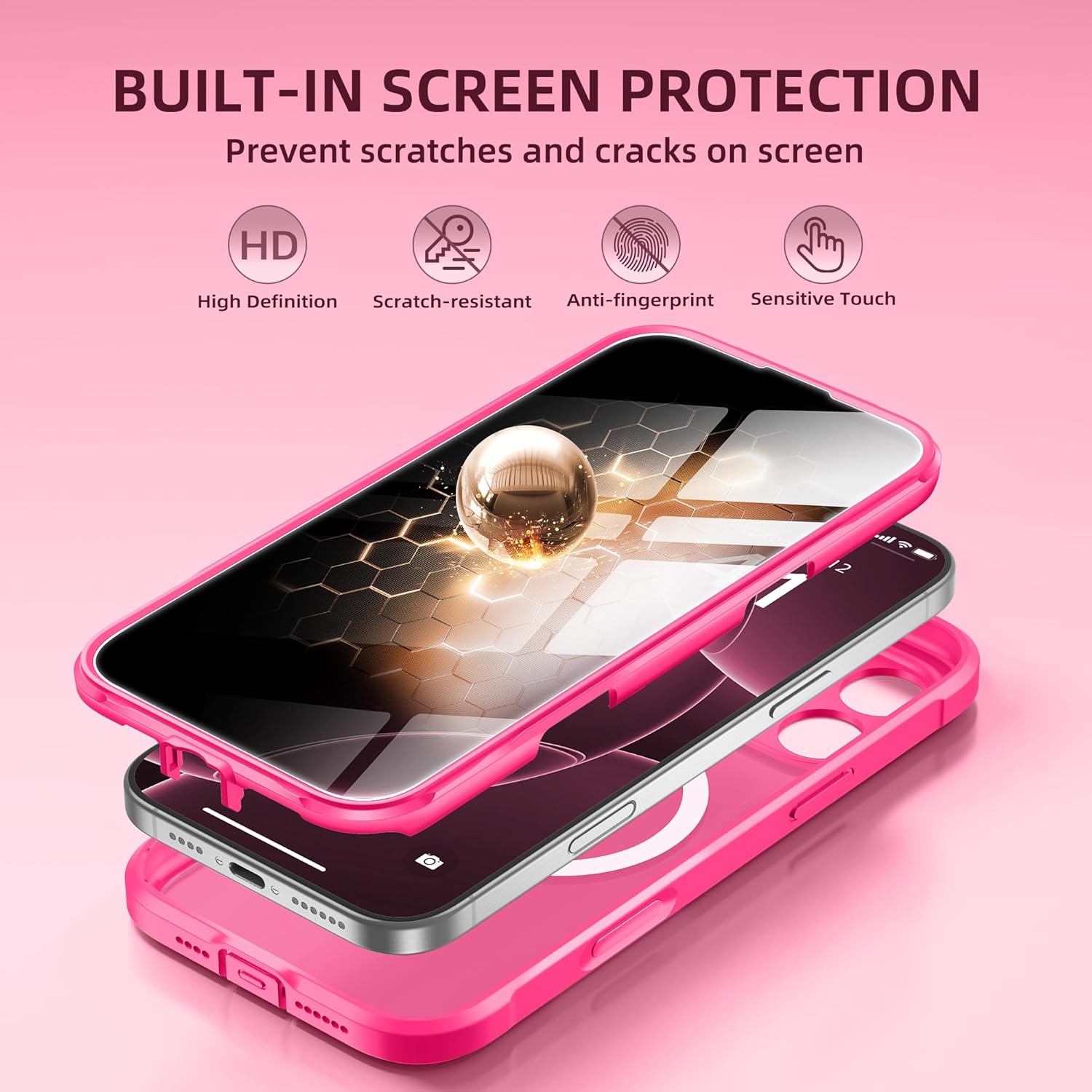 BERFY Magnetic for iPhone 16 Pro Max Case, Compatible with MagSafe, Built-in Privacy Screen Protector and Upgraded Camera Protection, Anti-Spy Full Body Shockproof Phone case for 16 Pro Max, Hot Pink