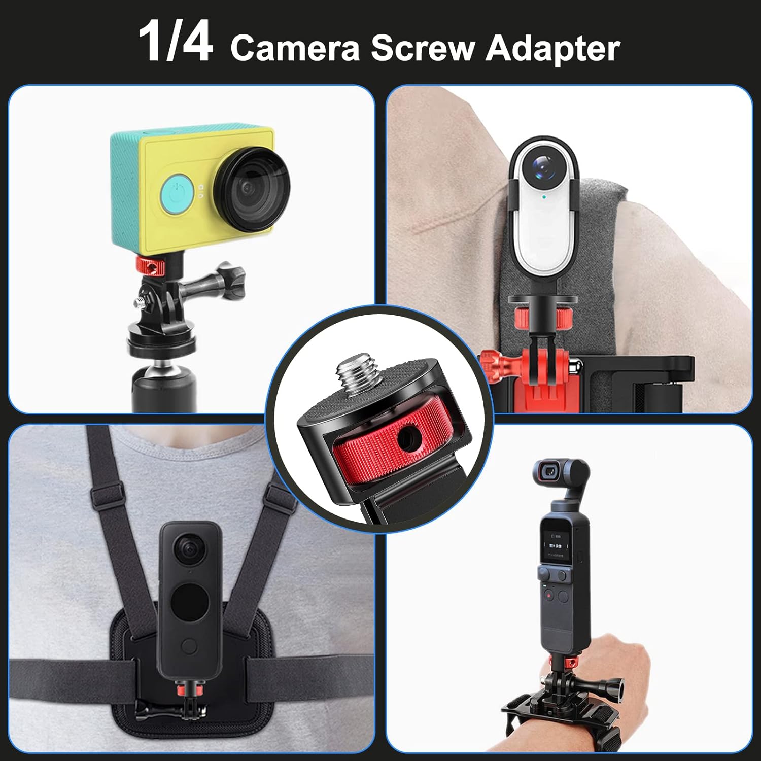 2 Pieces Camera Tripod Mount for Gopro Adapter 360°Adjustable Aluminum Alloy Conversion Adapter for GoPro Hero, Insta360, Sjcam Action Cameras and Other Standard 1/4 Accessories (GC-2)