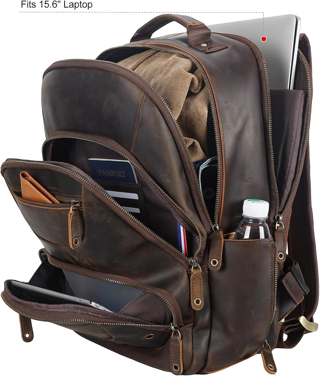 TIDING Men's Full Grain Leather Backpack Fits 16" Laptop, Vintage Business Casual Daypack 19L Overnight Travel Rucksack