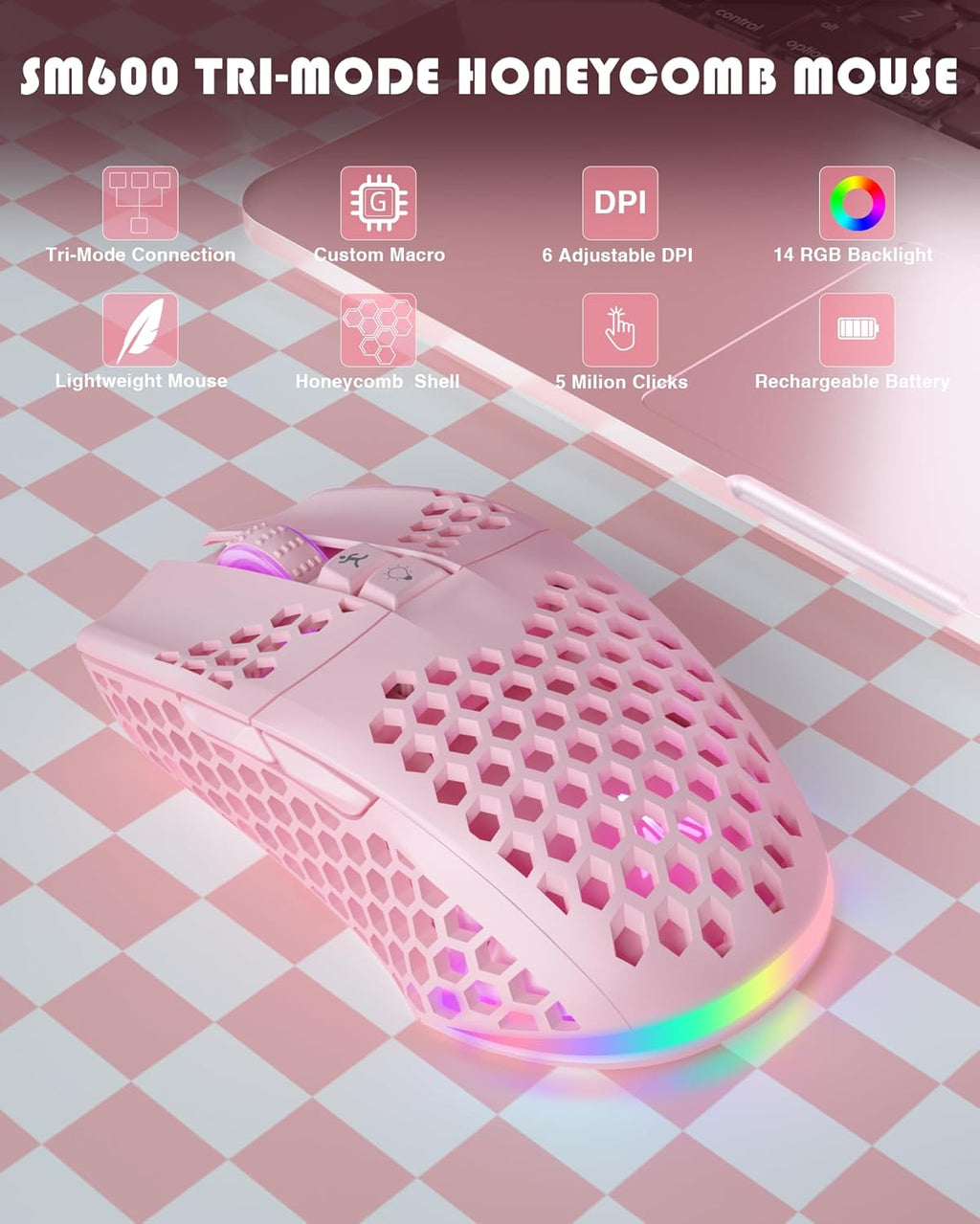 SM600 Pink Wireless Gaming Mouse with Honeycomb Shell, Side Buttons,Tri-Modes(BT5.1+BT5.1+2.4GHz) Lightweight RGB Wireless Mouse for PC/Tablet/Desktop/Office/Games