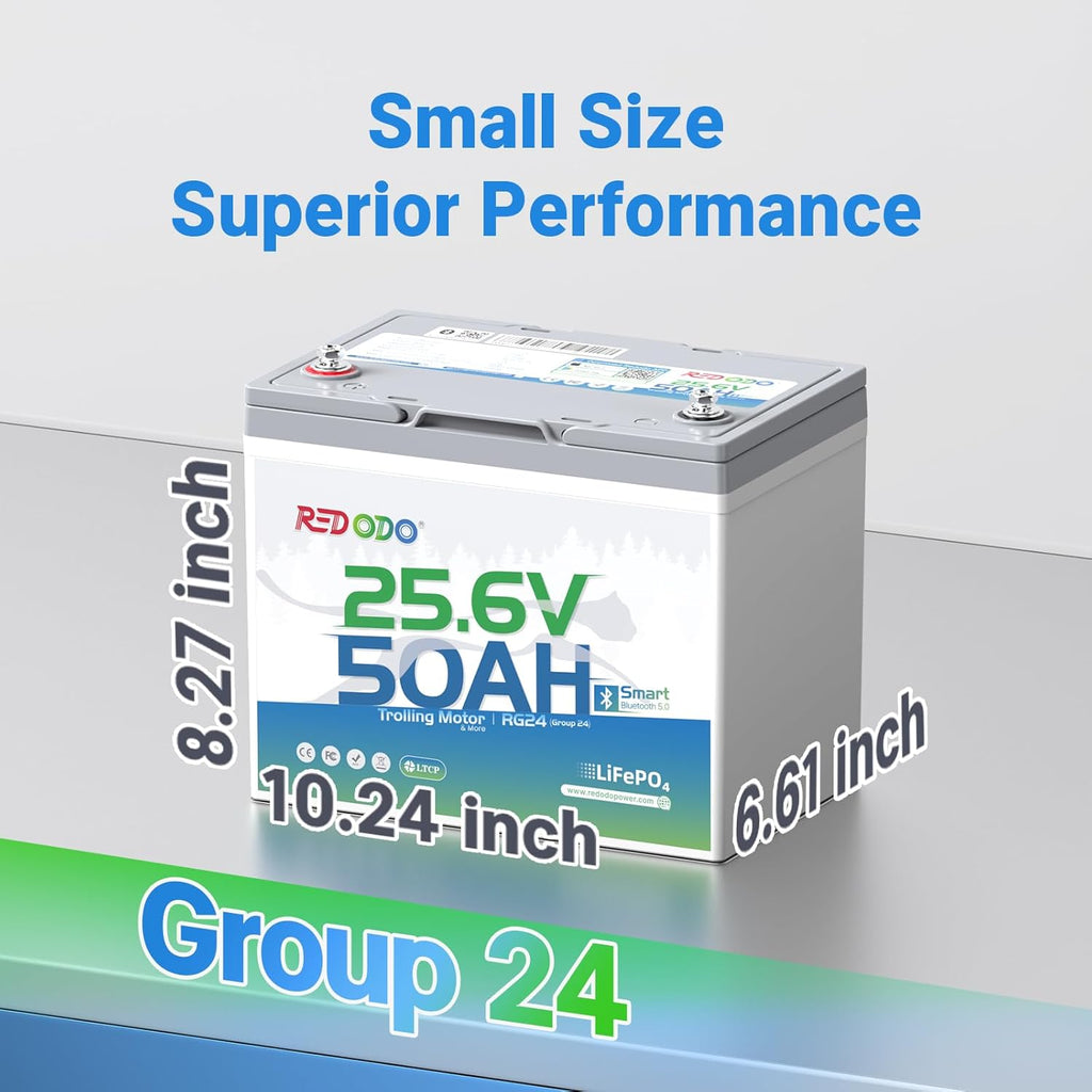 Redodo Bluetooth 24V 50Ah TM Low-Temp LiFePO4 Battery, Smart Lithium Battery Built in 50Ah BMS, 10 Years Lifespan, Perfect for Trolling Motor, Marine, RV, Fishing Finder, Solar and Off Grid-4 Pack