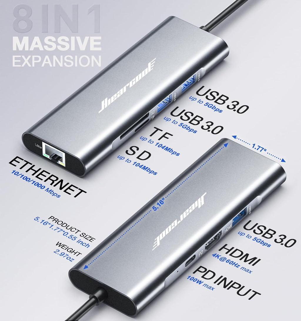 Hiearcool USB C Hub Ethernet,4K@60 USB-C to HDMI Hub,8in1 Multi-Port USBC Adapter Type C Dock Dongle Compatible for MacBook Pro Air iPad Dell Lenovo