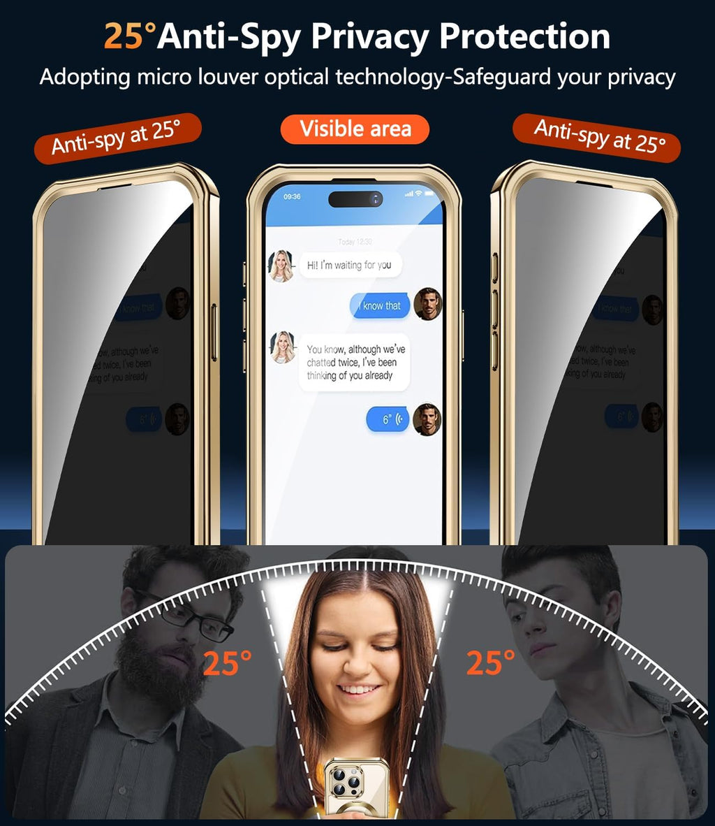 [360° Rotatable CD Stand & Built-in Privacy Screen Magnetic Case for iPhone 15 Pro [Compatible with MagSafe & Full Signal] Mil-Grade Shockproof Full Body Anti-Spy Cover for 15 Pro-Gold