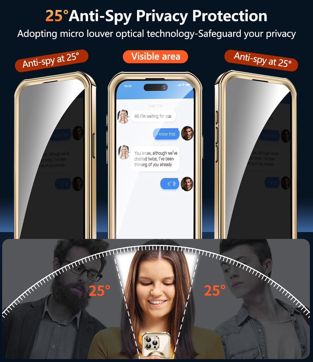 [360° Rotatable CD Stand & Built-in Privacy Screen Magnetic Case for iPhone 15 Pro [Compatible with MagSafe & Full Signal] Mil-Grade Shockproof Full Body Anti-Spy Cover for 15 Pro-Gold