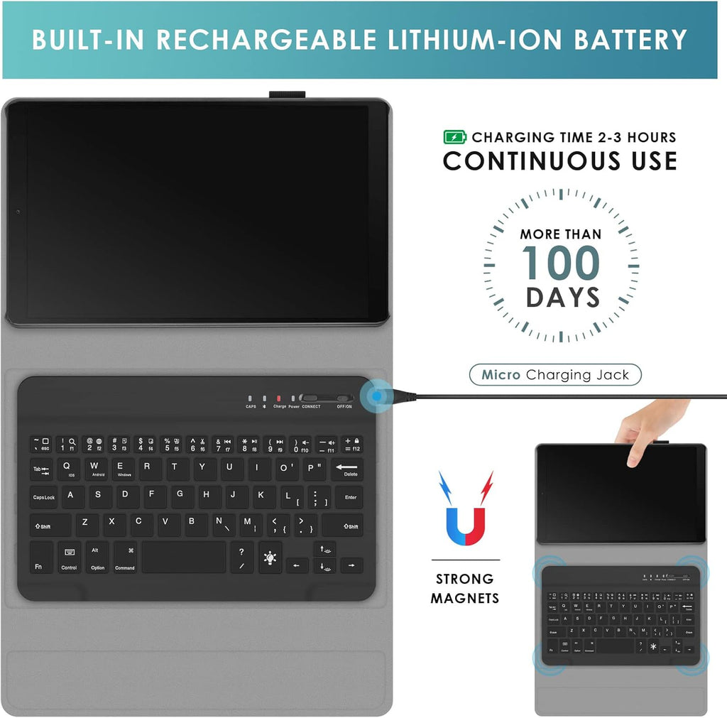 DETUOSI Backlit Keyboard Case for Samsung Galaxy Tab A7 Lite 8.7" 2021 (SM-T220/T227U) with S Pen Holder, 3 Viewing Angles Folio Leather Book Cover with Magnetic Closure + Wireless Keyboard Detachable