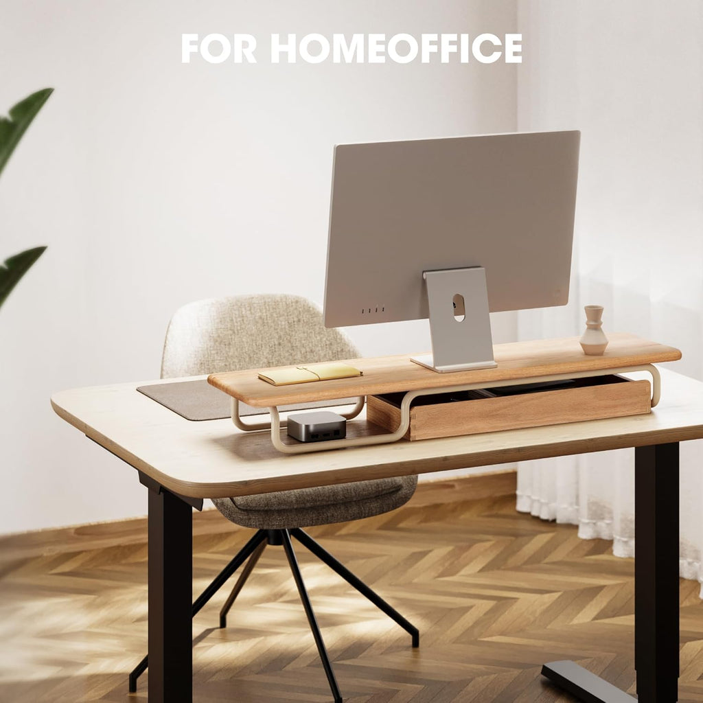Fenge Dual Monitor Riser, 37 Inch Monitor Stand for Desk, Solid Wood Desk Shelf with Large Drawer Organizer, No Assembly Computer Stand for PC, Laptop, Printer, TV