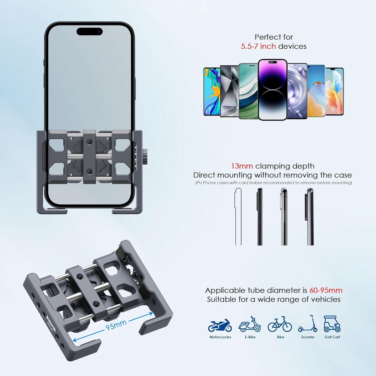 Motorcycle Phone Mount Kit, Anti-Theft Dual Socket Arm, 360° Rotate Phone Clip and Aluminum Handlebar Clamp Mount U-Bolt Base for Bike/ATV/Scooter Handlebar for 5.5-7" Smartphone (KPS-19)