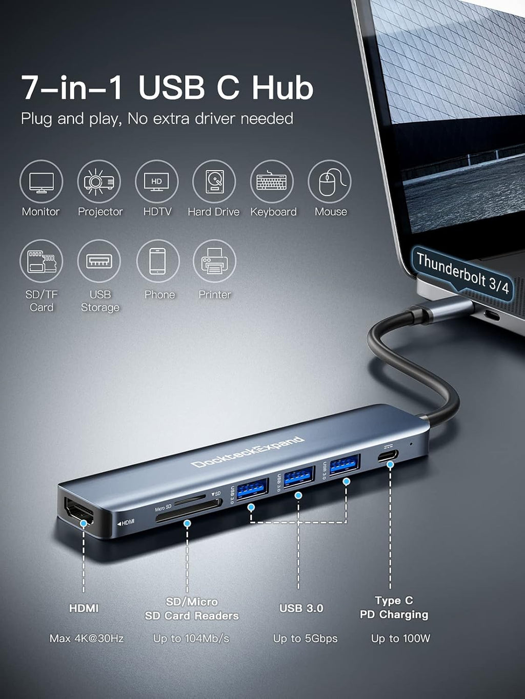 USB C Hub, DockteckExpand 7 in 1 USB-C Multiport Adapter with 4K HDMI, 100W Power Delivery, 3 USB 3.0 Ports, SD/TF Card Reader, for MacBook Pro/Air, iMac, iPad Pro, Surface Pro 7/8, XPS, HP and More