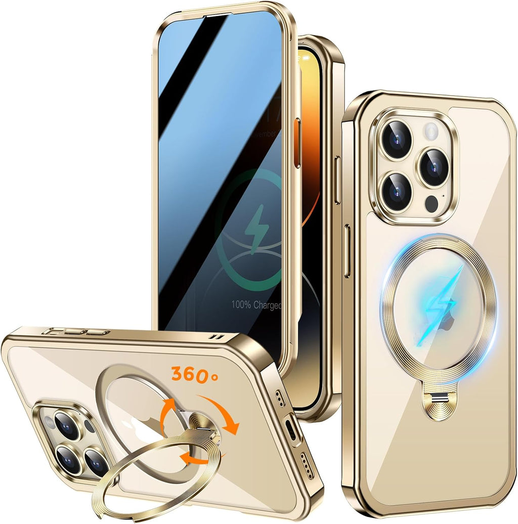 [360° Rotatable CD Stand & Built-in Privacy Screen Magnetic Case for iPhone 14 Pro Max[Compatible with MagSafe&Full Signal] Mil-Grade Shockproof Full Body Anti-Spy Cover for 14 Pro Max-Gold