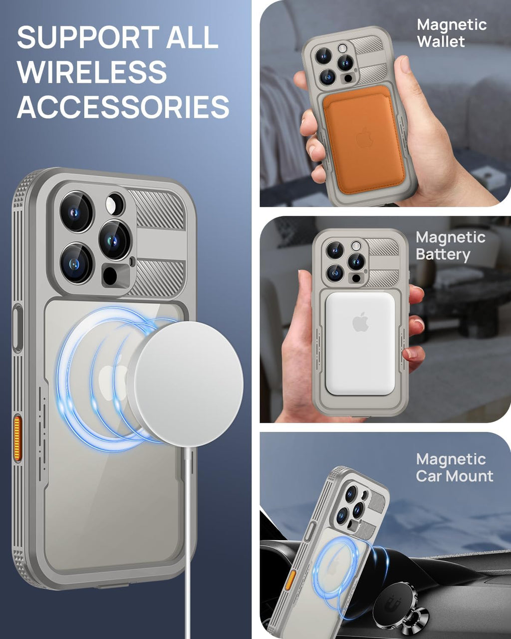 Lanhiem Magnetic for iPhone 16 Pro Case, IP68 Waterproof Dustproof Case, [Compatible with Magsafe] [Built-in Screen Protector] Full Body Heavy Duty Rugged Phone Cover 6.3 inch, Natural