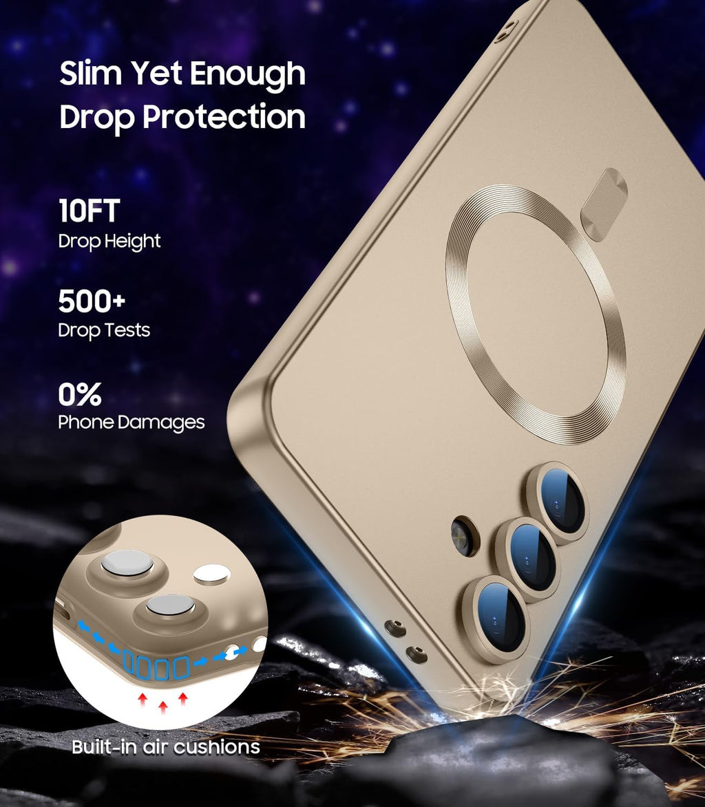 Magnetic for Samsung Galaxy S24 FE Case [Compatible with MagSafe][Built-in Camera Lens Protector] Slim Soft Silicone Bumper Shockproof Metallic Luster Phone Cover (Gold)
