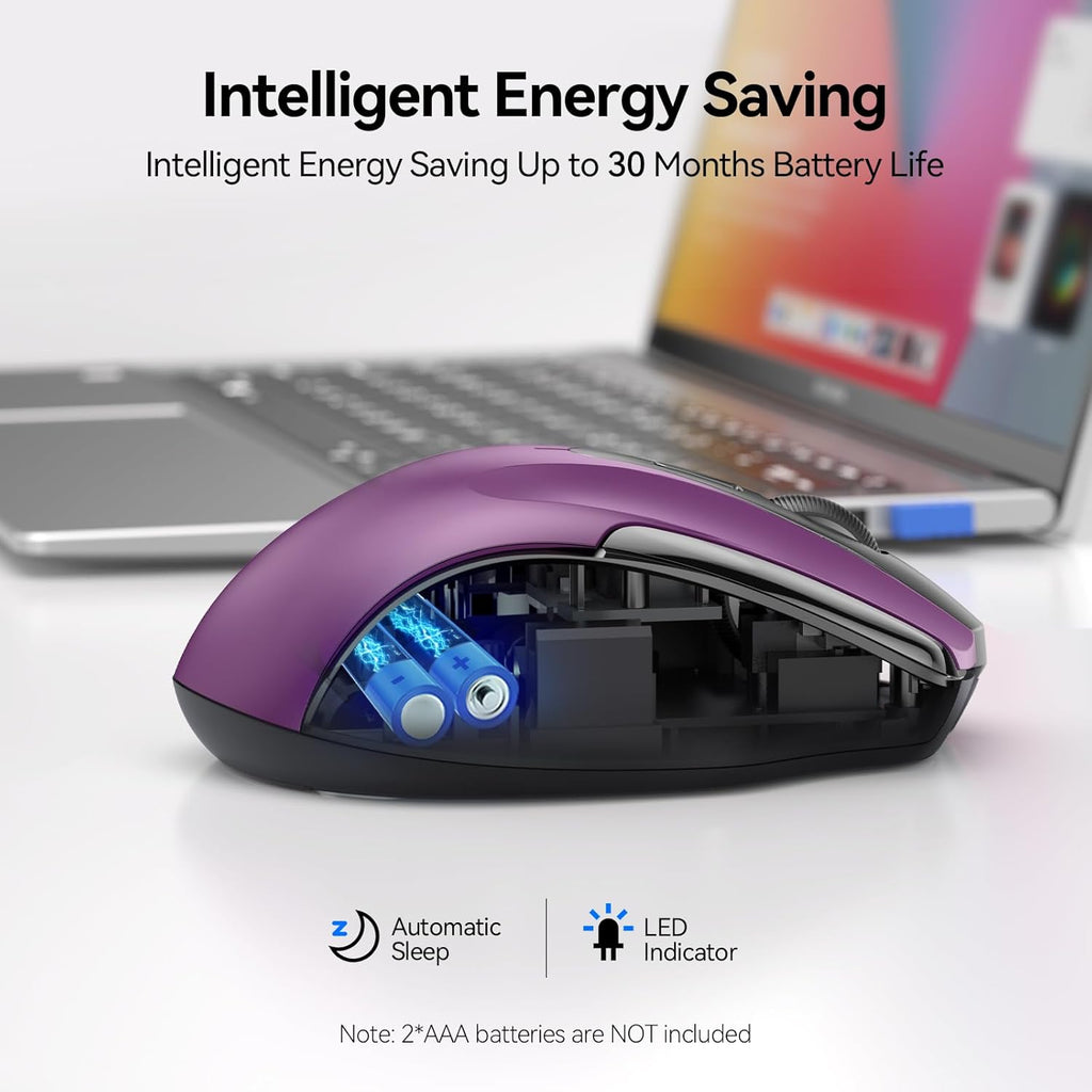 TECKNET Wireless Mouse (2.4G & BT5.0/3.0) Silent 4800 DPI Computer USB A & Bluetooth Mouse 6 Buttons, Wide Compatibility - Purple