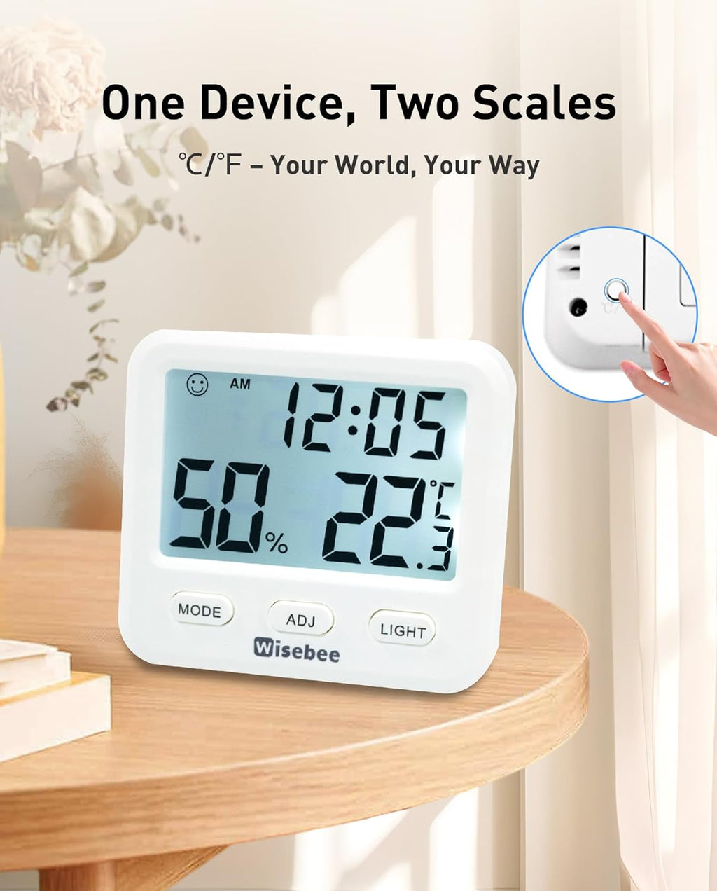Wisebee Digital Indoor Hygrometer Thermometer, 2.9" Backlit Temperature Humidity Sensor Monitor for Baby Rooms, Home, Office, 1 Pack (White)